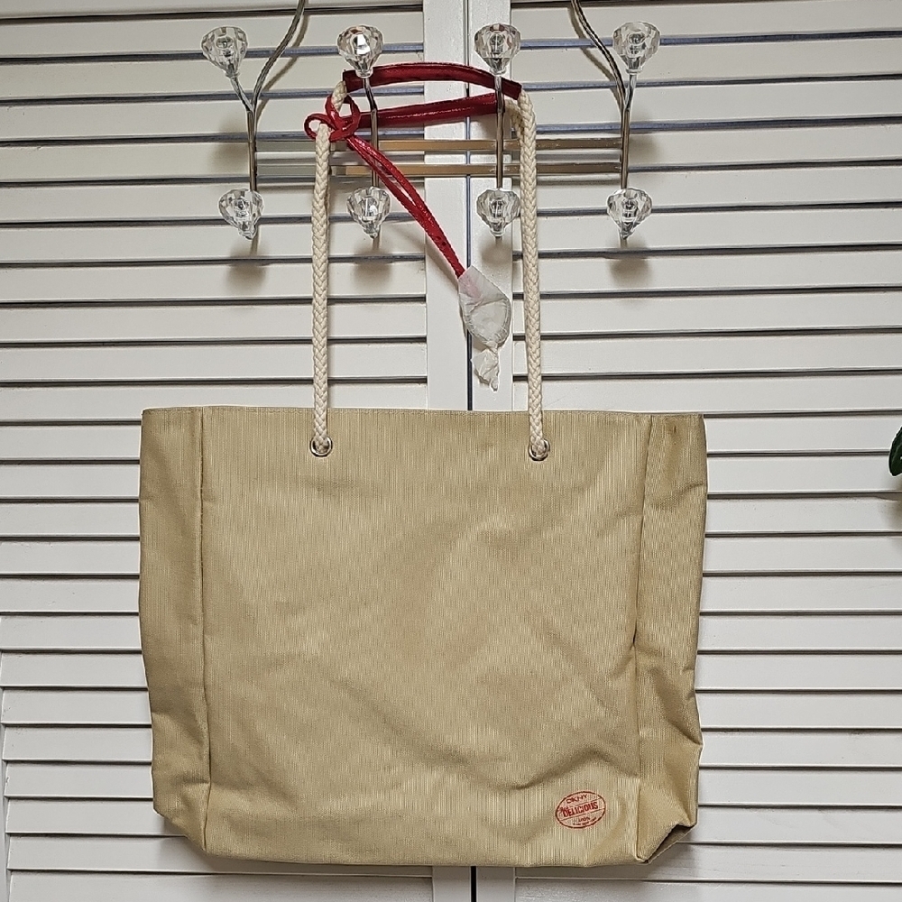 DKNY Red Delicious 100% New York Beige Canvas Tote Rope Handles Apple Print Int